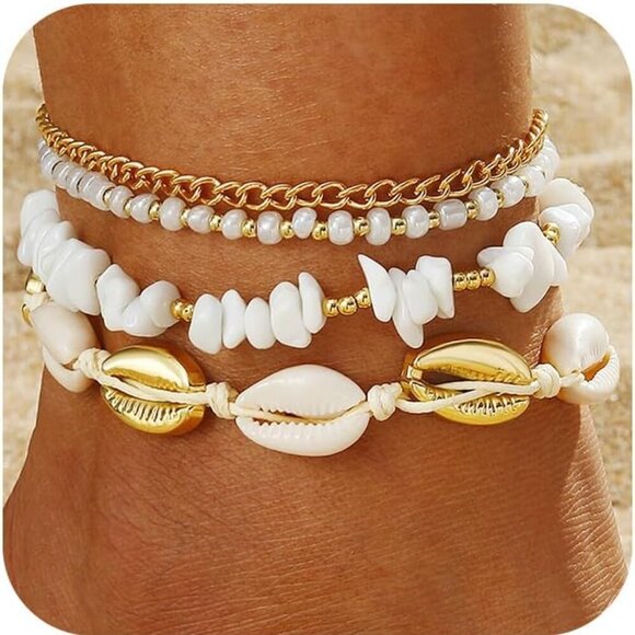 Shell Ankle Bracelet Set for Women, 14K Gold Boho Bead Adjustable Anklet, Hawaii - Picture 1 of 7